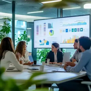 Ein Geschäftsteam bespricht klimabezogene Risiken und die neue Nachhaltigkeitsstrategie im Rahmen der ISO 9001-Anforderungen in einem modernen Büro.