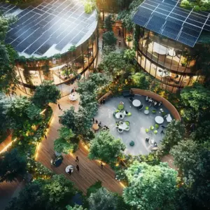 Ein modernes, nachhaltiges Büro mit Solarpanelen auf dem Dach, umgeben von grüner Natur. Mitarbeiter diskutieren klimafreundliche Initiativen in positiver Atmosphäre.