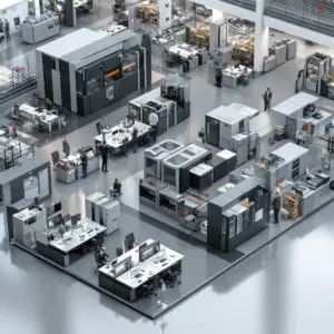 Professionelle Büro- und Produktionsumgebung mit Mitarbeitenden, Maschinen und Infrastruktur – Darstellung der Ressourcen im Kontext ISO 9001 Unterstützung.