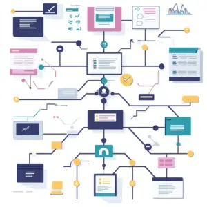 Eine visuell strukturierte Prozesslandkarte mit vernetzten Workflows, Entscheidungspunkten und Verantwortlichkeiten in einem modernen, professionellen Stil.