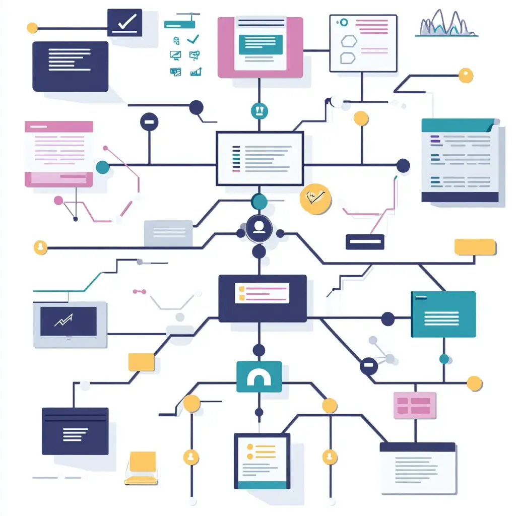 Eine visuell strukturierte Prozesslandkarte mit vernetzten Workflows, Entscheidungspunkten und Verantwortlichkeiten in einem modernen, professionellen Stil.
