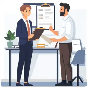Ein interner Auditor führt ein Audit in einem modernen Büro durch, hält eine Checkliste in der Hand und interviewt einen Mitarbeiter, während er Dokumente überprüft.