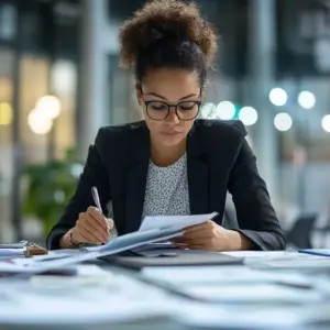 Ein Qualitätsmanager dokumentiert klimabezogene Bewertungen für die ISO 9001-Compliance, mit Nachhaltigkeitsberichten auf dem Schreibtisch in einem hellen Büro.