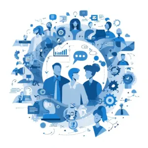 Symbolgrafik mit Elementen des ISO 9001 Change Managements: Führung, Kommunikation, Mitarbeitereinbindung und Widerstandsabbau.