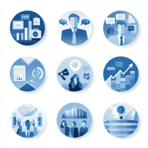 Symbolgrafik mit Elementen des ISO 9001 Change Managements: Führung, Kommunikation, Mitarbeitereinbindung und Widerstandsabbau.
