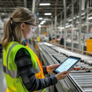An internal auditor in a factory setting, wearing a safety vest, observing a production line, reviewing a checklist on a tablet, ensuring compliance with quality standards.