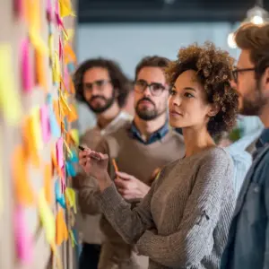 Mitarbeitende nehmen aktiv an einem Workshop zum Change Management im Rahmen der ISO 9001-Einführung teil.