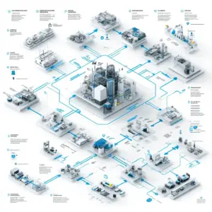 Infografik zur Prozesslandkarte im ISO 9001 Betrieb: Kernprozesse, Schnittstellen und Kennzahlen in isometrischer Darstellung. ISO 9001 Betrieb