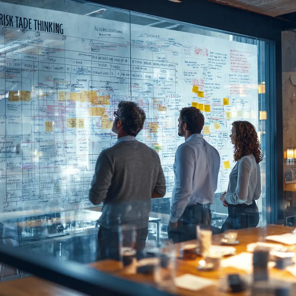 Team bewertet Risiken an einer digitalen Matrix im Büro gemäß ISO 9001-Planung.