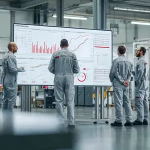 Shopfloor-Meeting im ISO 9001 Betrieb: Team steuert Prozesse anhand eines visuellen Kennzahlenboards mit Diagrammen und Trends. ISO 9001 Betrieb