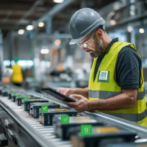 Endprüfung und Freigabe im ISO 9001 Betrieb: QS-Mitarbeiter dokumentiert Konformität per Barcode-Scan und digitaler Checkliste. ISO 9001 Betrieb