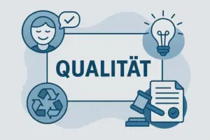 Symbolgrafik mit zentralem Qualitätsbegriff, umgeben von Icons für Kundenzufriedenheit, Nachhaltigkeit, Innovation und Normkonformität.