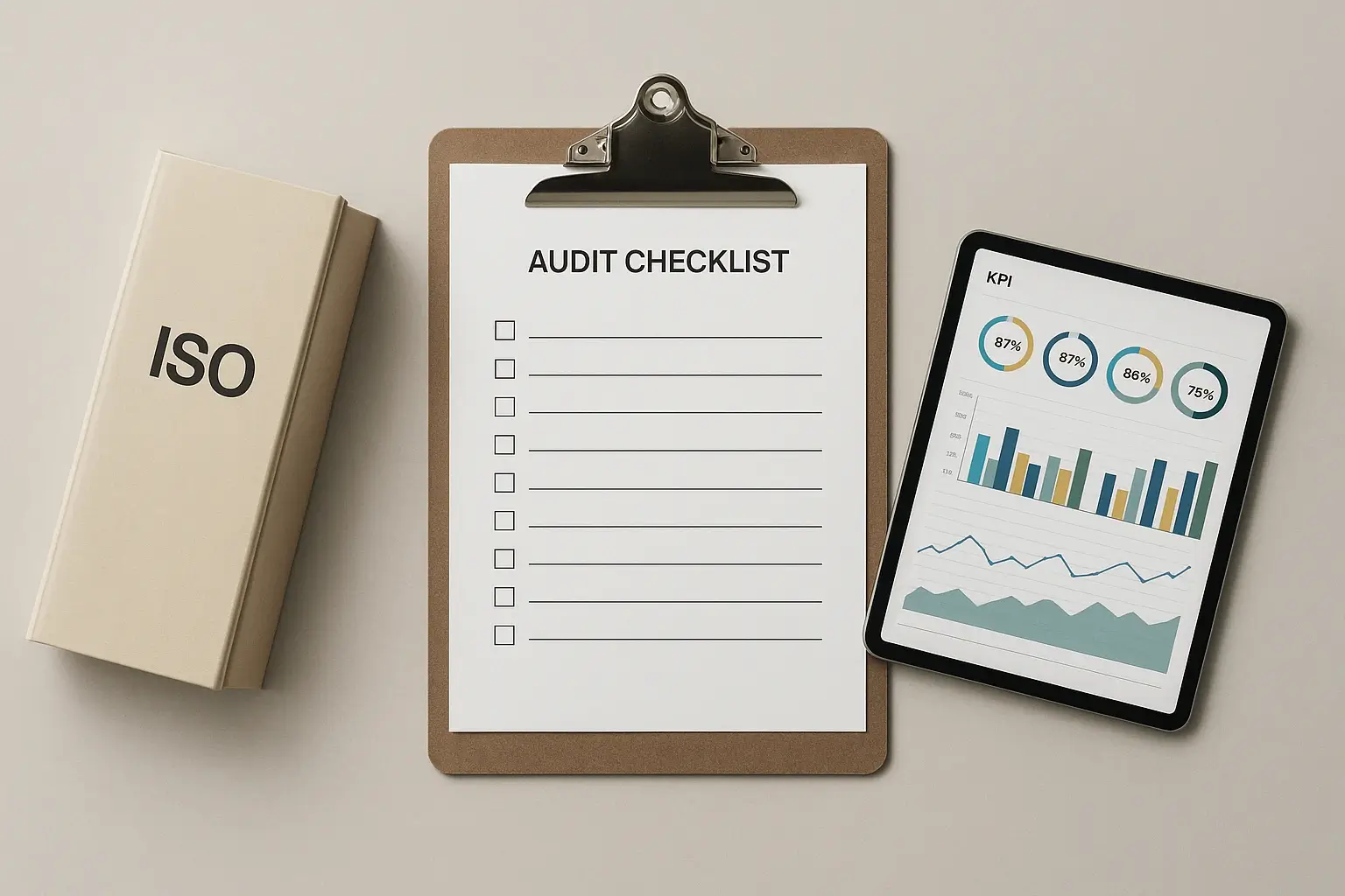 Detailaufnahme: Audit-Checkliste, ISO-Ordner und KPI-Tablet als Symbole für Interne Audits.