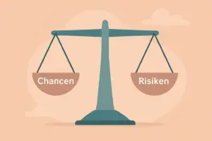 Illustration einer Waage mit Risiko und Chance als Gegengewichte – Symbol für Entscheidungen im Qualitätsmanagement.