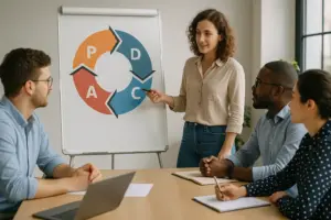 Team arbeitet gemeinsam an einem Whiteboard mit PDCA-Zyklus – Symbol für kontinuierliche Verbesserung im Qualitätsmanagement