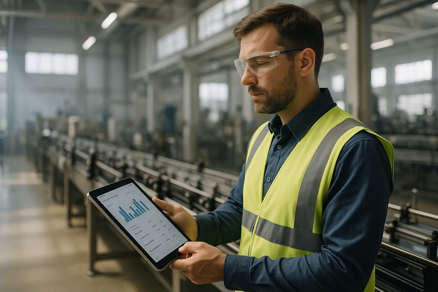 Auditor kontrolliert an der Produktionslinie Nachweise und Daten für Interne Audits.