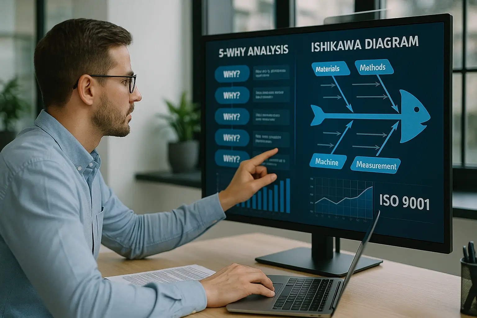 Qualitätsmanager analysiert Daten mit Ishikawa-Diagramm und 5-Why-Methode – Visualisierung der Ursachenanalyse als Teil der Verbesserung.