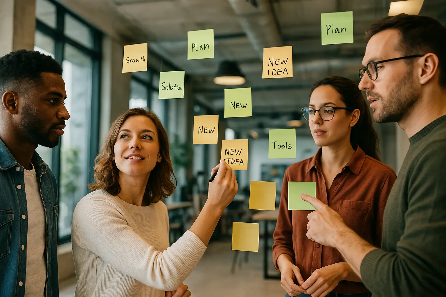 Mitarbeitende entwickeln gemeinsam Ideen in einem kreativen Workspace – Symbol für Qualitätskultur und Innovation im Rahmen der Verbesserung