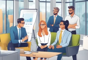 Ein Team von Fachleuten sitzt in einem modernen Büro und diskutiert vor einem Flipchart mit Diagrammen, das Zusammenarbeit und Teamarbeit symbolisiert.