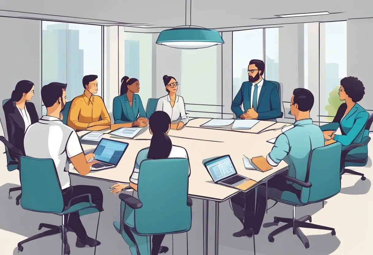 Mehrere Mitarbeiter sitzen an einem Konferenztisch in einem professionellen Besprechungsraum und besprechen Strategien, mit Laptops und Dokumenten auf dem Tisch.