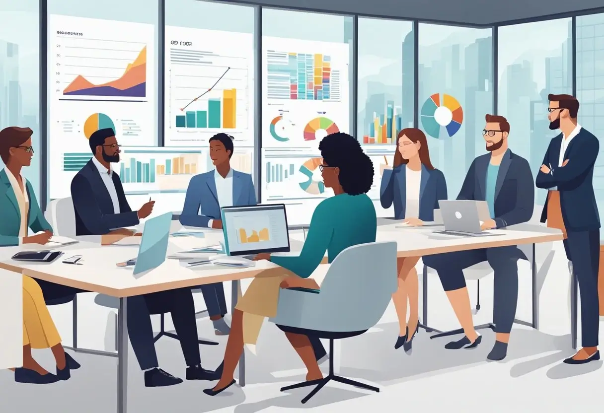 Ein Team arbeitet in einem modernen Büro, das mit großen Diagrammen und Statistiken auf Bildschirmen ausgestattet ist, und diskutiert die Analyse von Geschäftsdaten