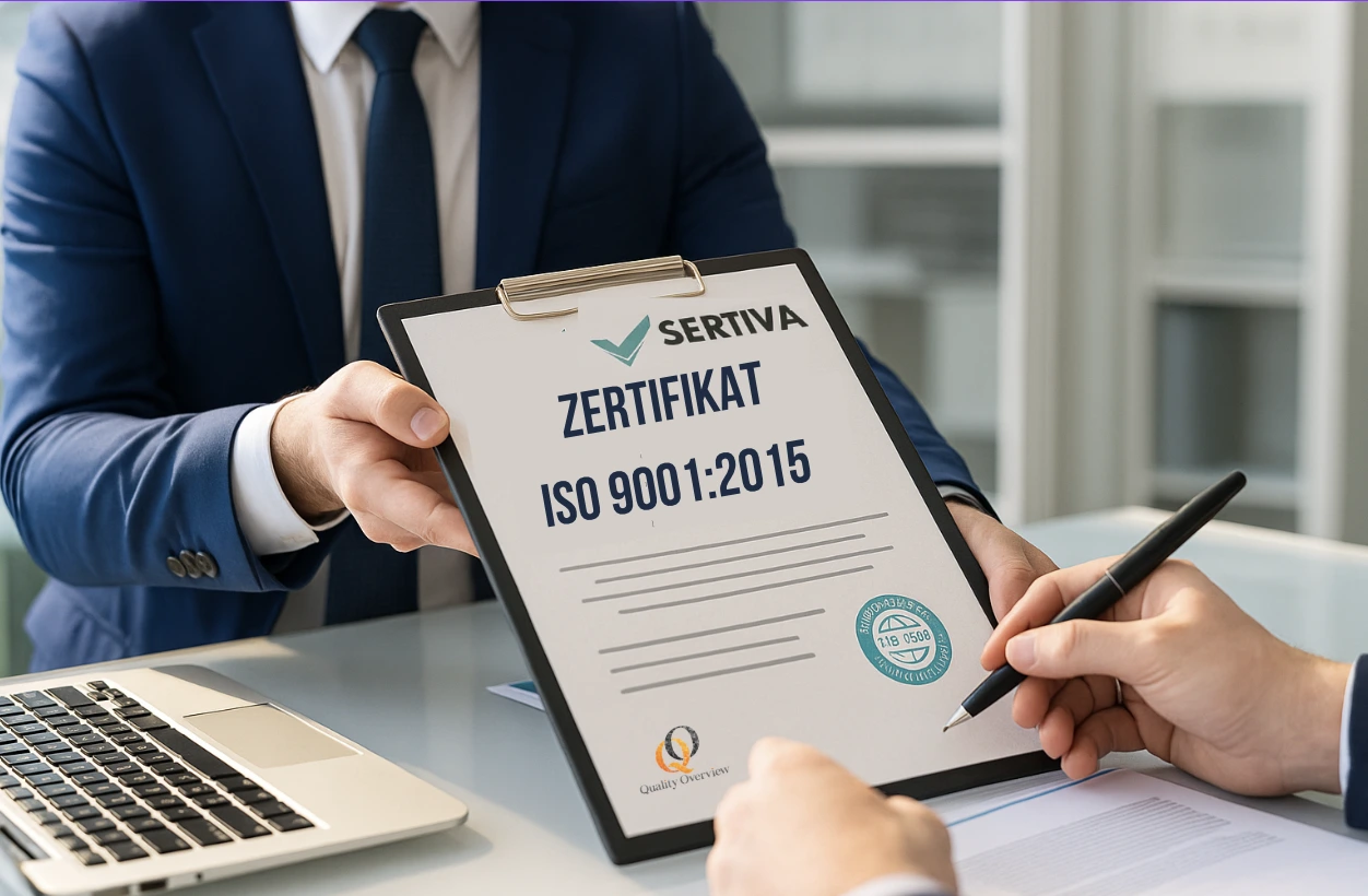 Übergabe eines ISO 9001 Zertifikats im Rahmen des Sertiva Zertifizierungsprozesses – sichtbarer Beweis für Qualität, Transparenz und kontinuierliche Verbesserung im ISO 9001 Audit Ablauf