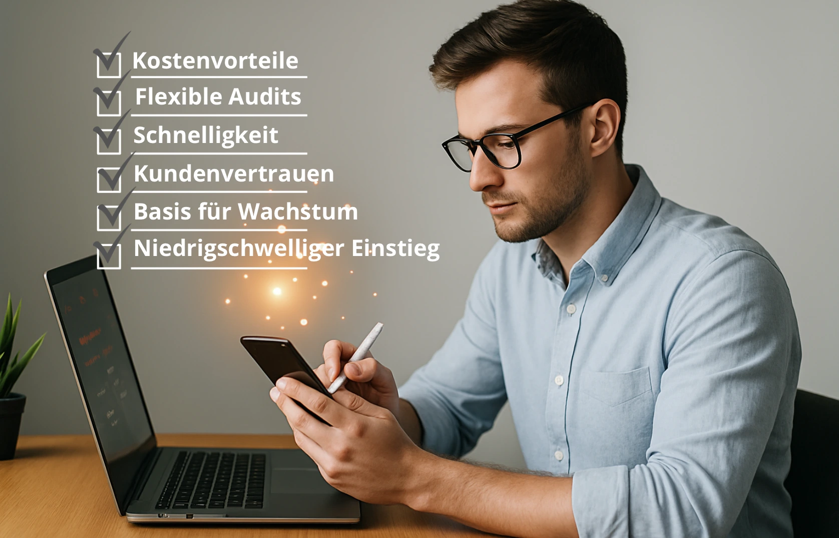 Geschäftsmann erstellt einen Plan mit den 6 Vorteilen der ISO 9001 für KMU ohne Akkreditierung: Kostenvorteile, flexible Audits, Schnelligkeit, Kundenvertrauen, Basis für Wachstum und niedrigschwelliger Einstieg.