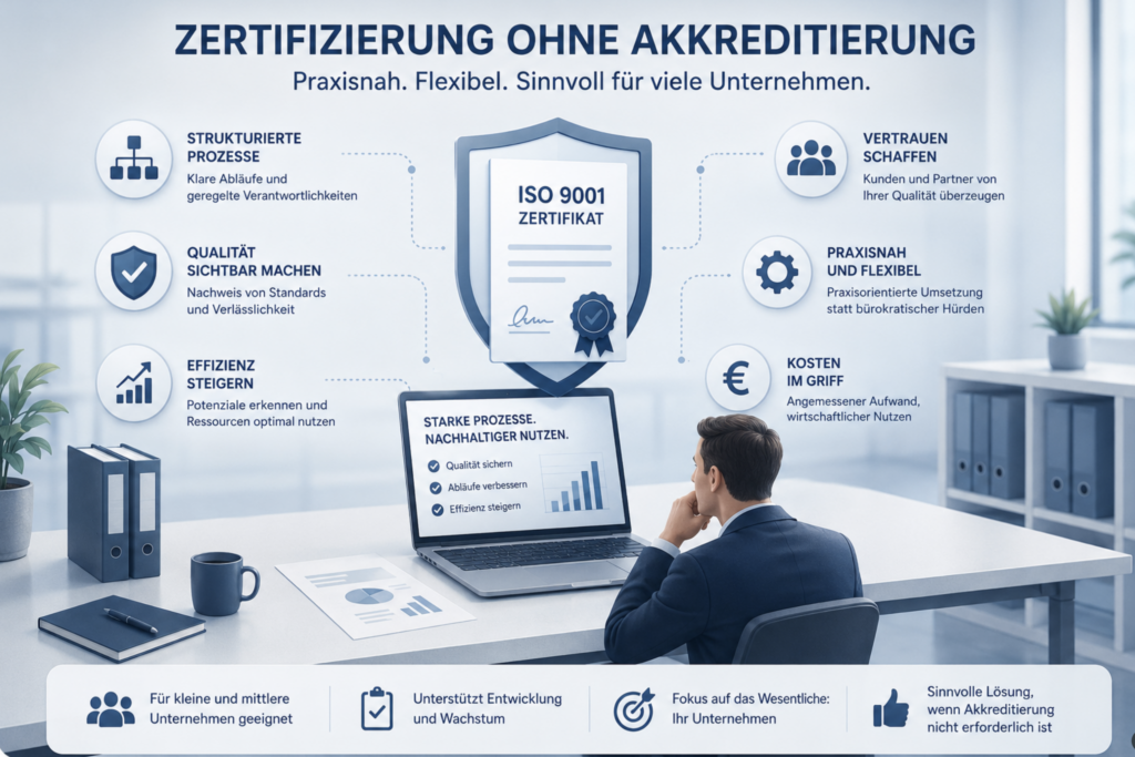Vorteile einer ISO 9001 Zertifizierung ohne Akkreditierung für Unternehmen: strukturierte Prozesse, Vertrauen, Effizienz und Praxisnähe