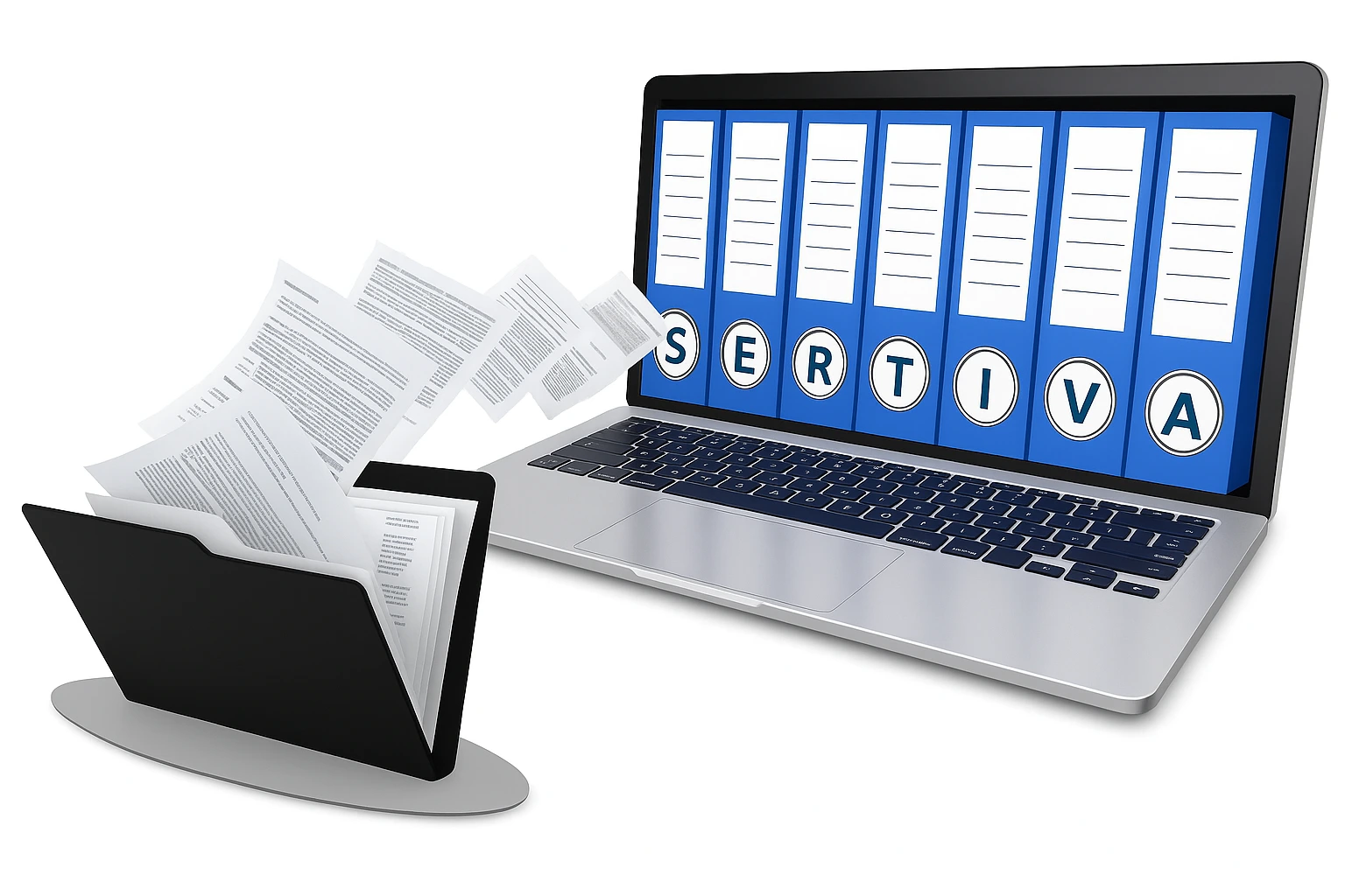 Illustration des ISO 9001 Audit Ablaufs im Sertiva Zertifizierungsprozess: schwarze Dokumentenmappe mit herausfliegenden Unterlagen und Laptop mit sieben blauen Ordnern, die das Wort SERTIVA bilden – Symbol für transparente Dokumentation und klare Ergebnisse